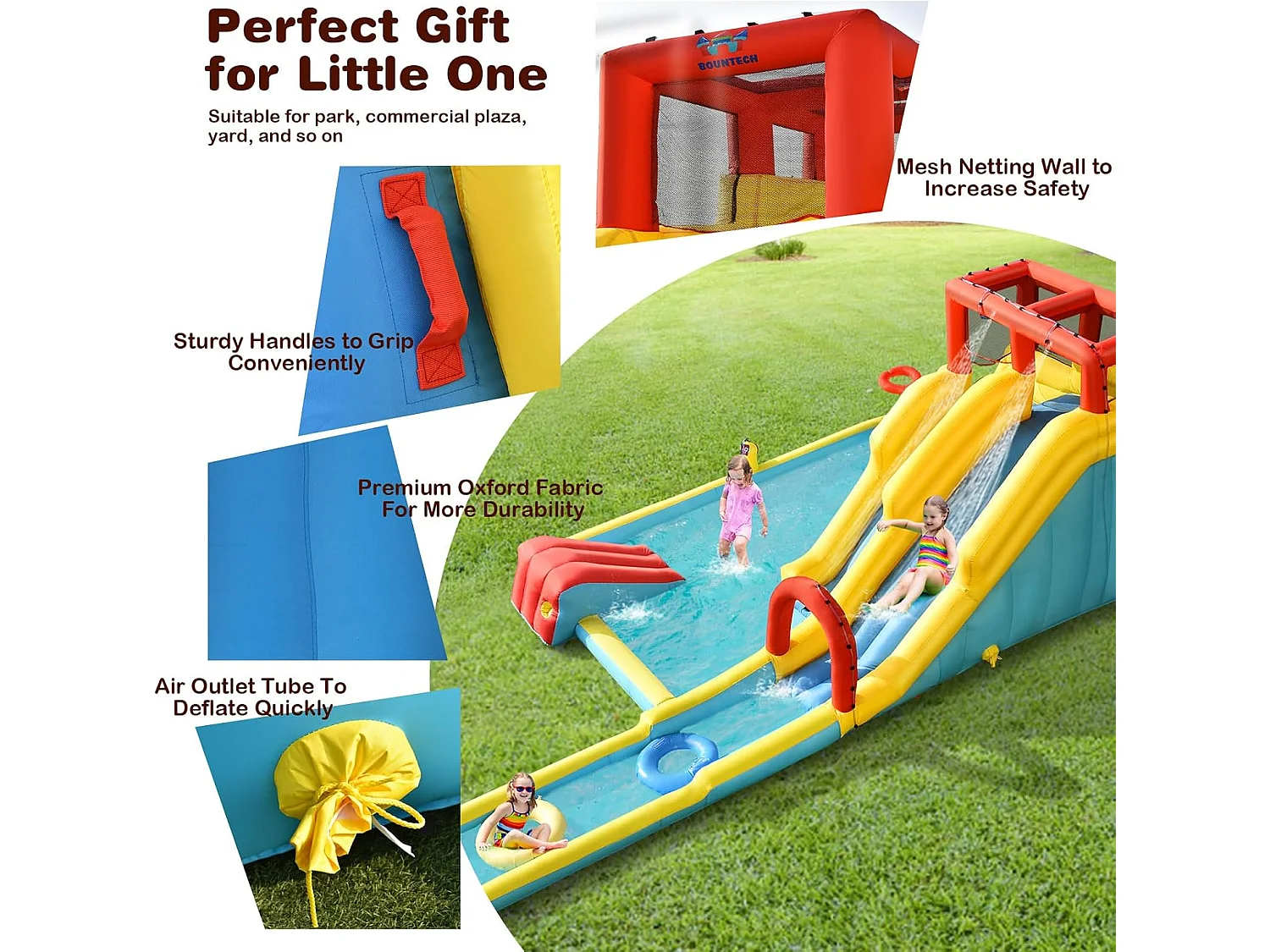 Toboggan Aquatique Gonflable 5 en 1 avec Pataugeoire, Aire de Jeux Gonflable en Oxford avec Mur d'escalade, Canon à Eau, pour Enfants de 3-10 Ans (sans souffleur)