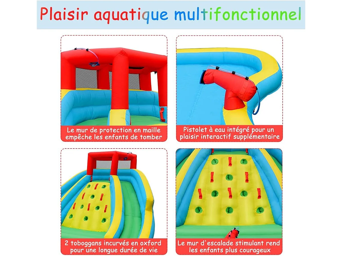 Toboggan Aquatique Gonflable 5 en 1 avec Pataugeoire, Aire de Jeux Gonflable en Oxford avec Mur d'escalade, Canon à Eau, pour Enfants de 3-10 Ans (sans souffleur)