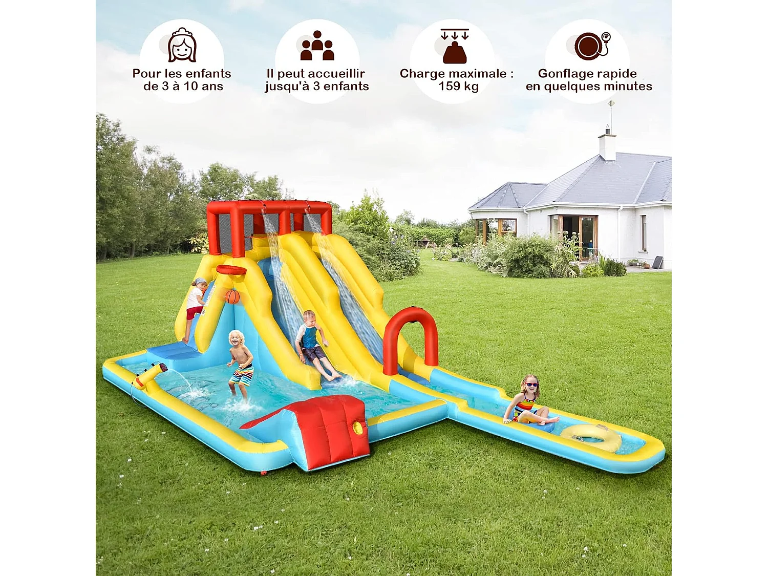 Château gonflable avec ventilateur pour l'intérieur et l'extérieur, toboggan sec/aquatique pour enfants de 3 à 10 ans, Children's Bouncy Castle XXL