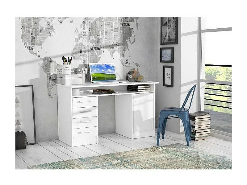 ALICANTE Bureau a clés, 1 porte, 4 tiroirs - Décor papier blanc - L 126 x P 55 x H 76 cm