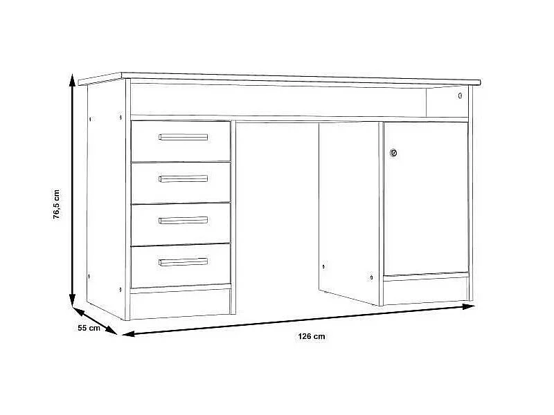 ALICANTE Bureau a clés, 1 porte, 4 tiroirs - Décor papier blanc - L 126 x P 55 x H 76 cm