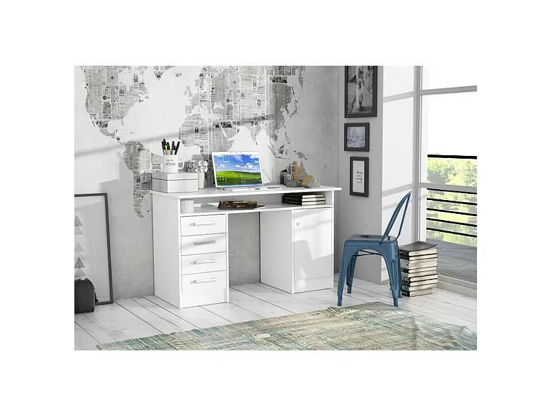 ALICANTE Bureau a clés, 1 porte, 4 tiroirs - Décor papier blanc - L 126 x P 55 x H 76 cm