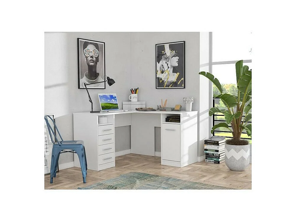 Eckschreibtisch TOLEDE mit 1 Tür und 4 Schubladen - Weiß - L 125 x T 125 x H 75 cm