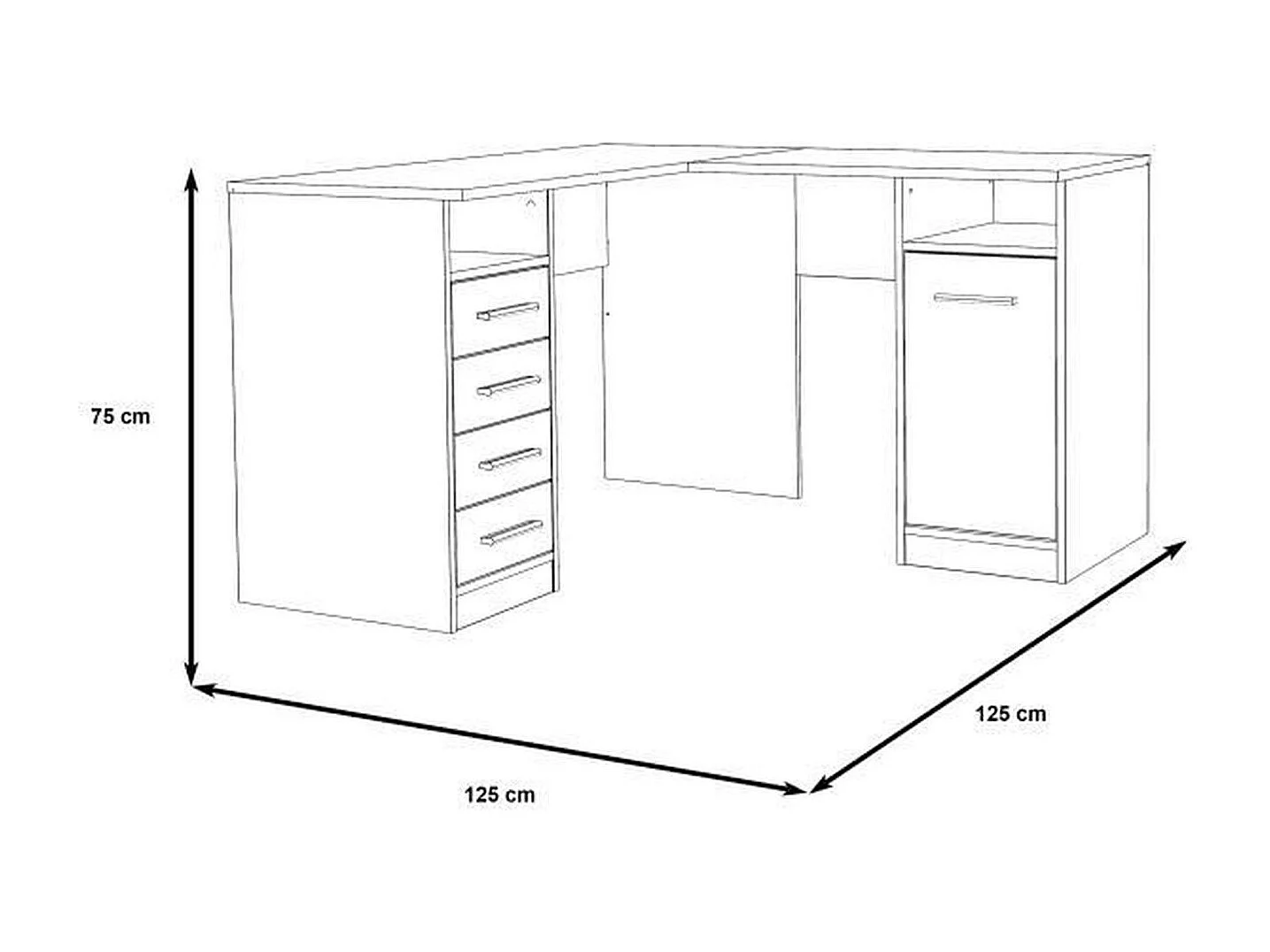 TOLEDE Bureau d'angle 1 porte 4 tiroirs - Décor papier blanc - L 125 x P 125 x H 75 cm
