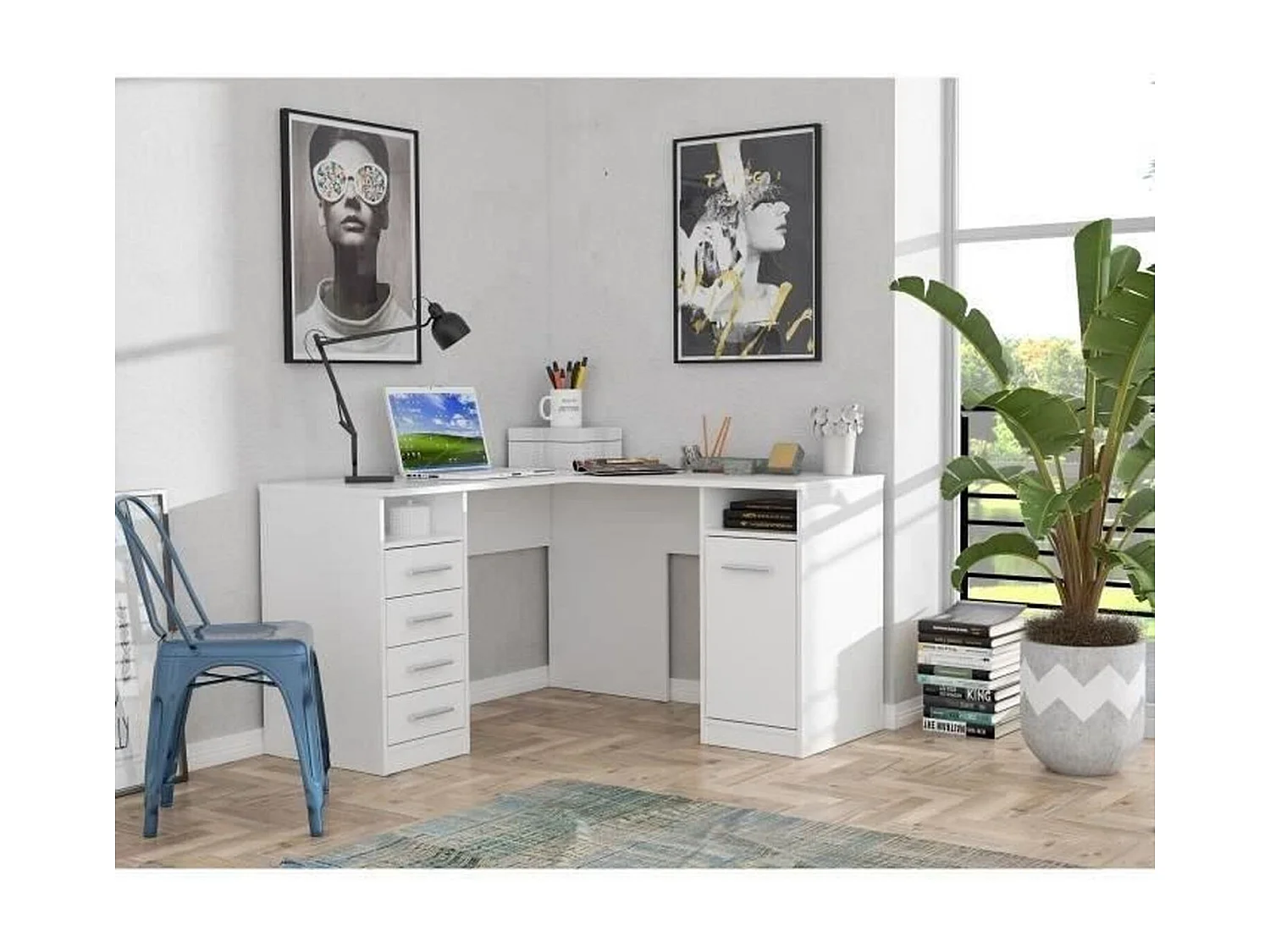 TOLEDE Bureau d'angle 1 porte 4 tiroirs - Décor papier blanc - L 125 x P 125 x H 75 cm