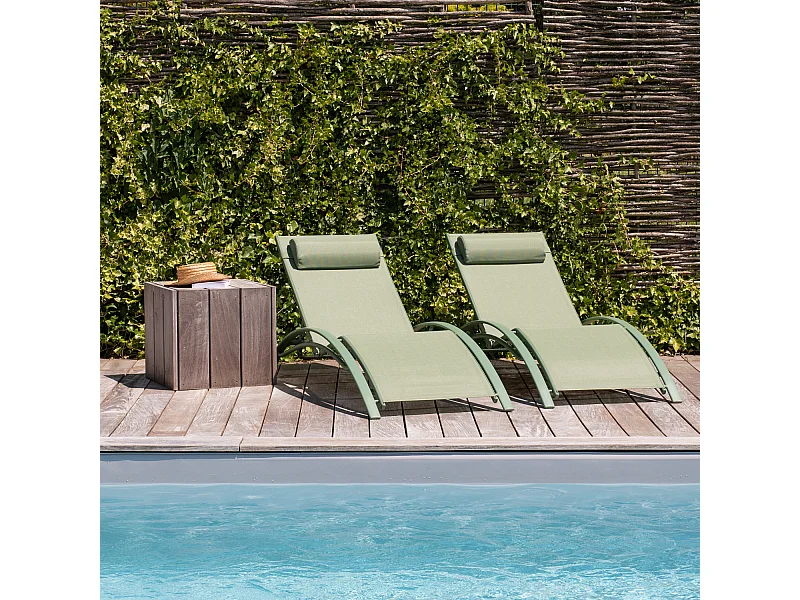 Set van 2 GALAPAGOS ligstoelen in saliegroen textilene - saliegroen aluminium