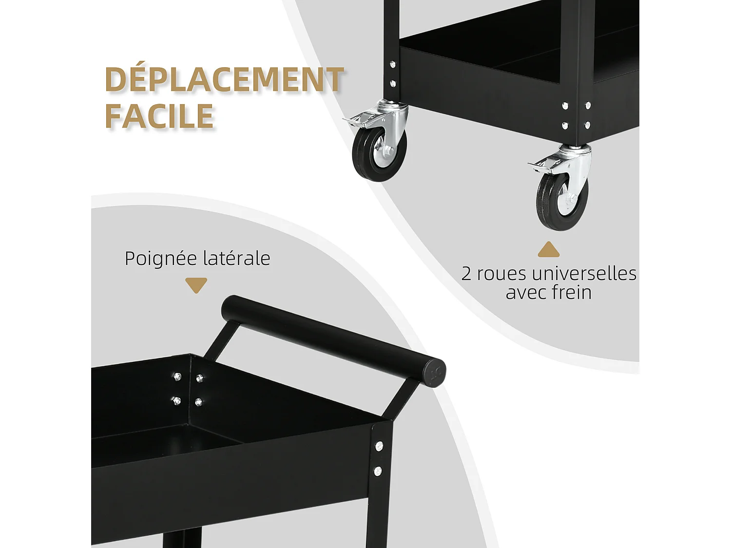 Chariot desserte d'atelier en acier 2 plateaux sur roulettes avec poignée - charge max. 150 kg - 84,5 x 38 x 84 cm noir