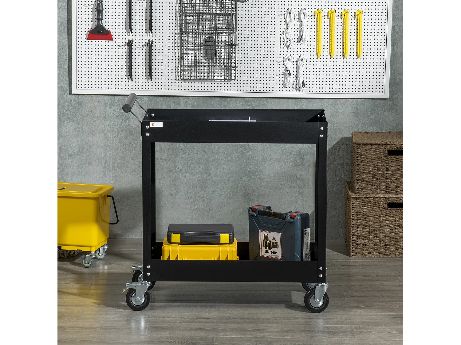 Chariot desserte d'atelier en acier 2 plateaux sur roulettes avec poignée - charge max. 150 kg - 84,5 x 38 x 84 cm noir