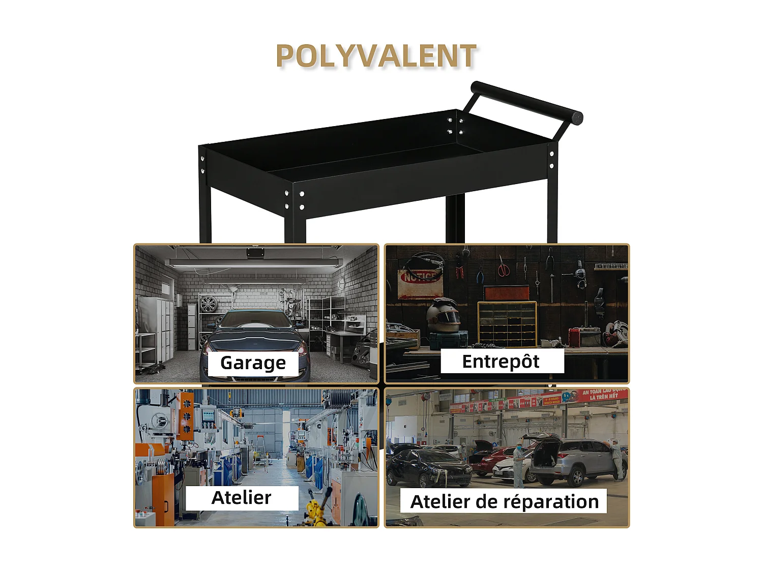 Chariot desserte d'atelier en acier 2 plateaux sur roulettes avec poignée - charge max. 150 kg - 84,5 x 38 x 84 cm noir