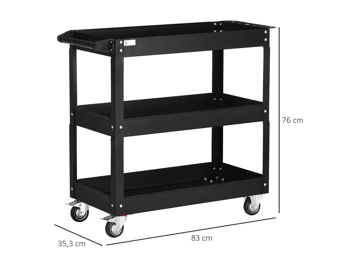 Chariot desserte d'atelier acier 3 plateaux sur roulettes avec poignée - charge max. 150 kg - 83 x 35,3 x 76 cm noir
