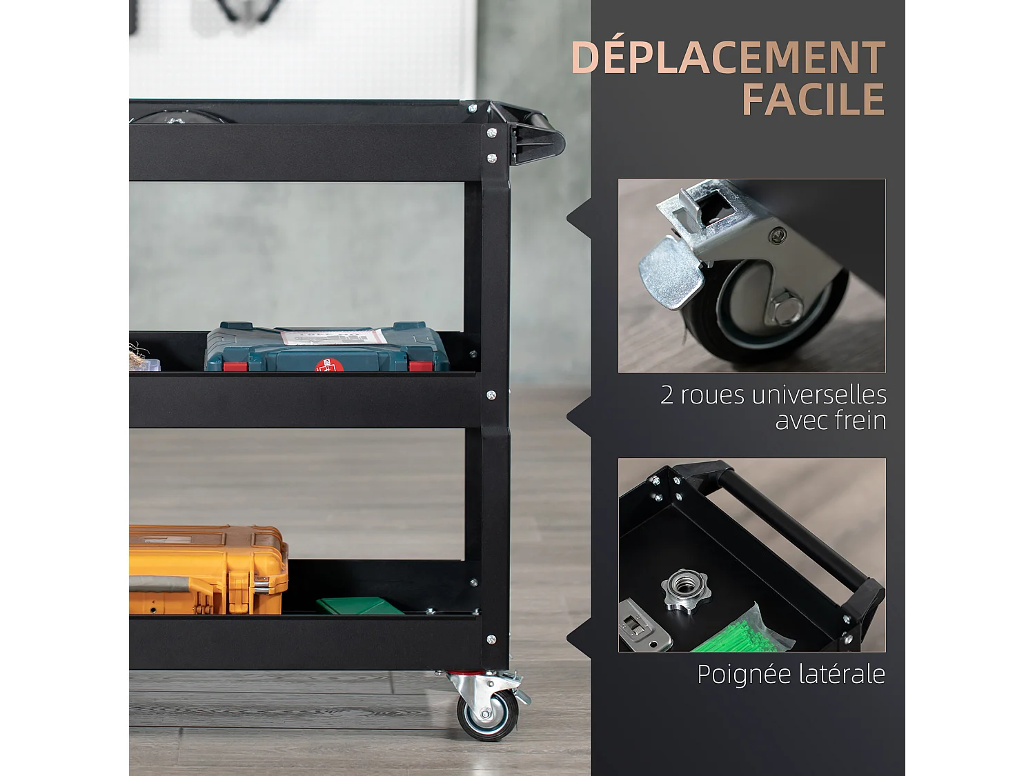 Chariot desserte d'atelier acier 3 plateaux sur roulettes avec poignée - charge max. 150 kg - 83 x 35,3 x 76 cm noir
