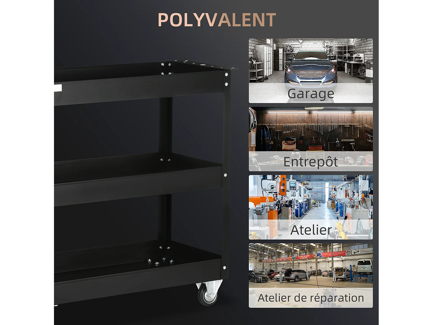 Chariot desserte d'atelier acier 3 plateaux sur roulettes avec poignée - charge max. 150 kg - 83 x 35,3 x 76 cm noir