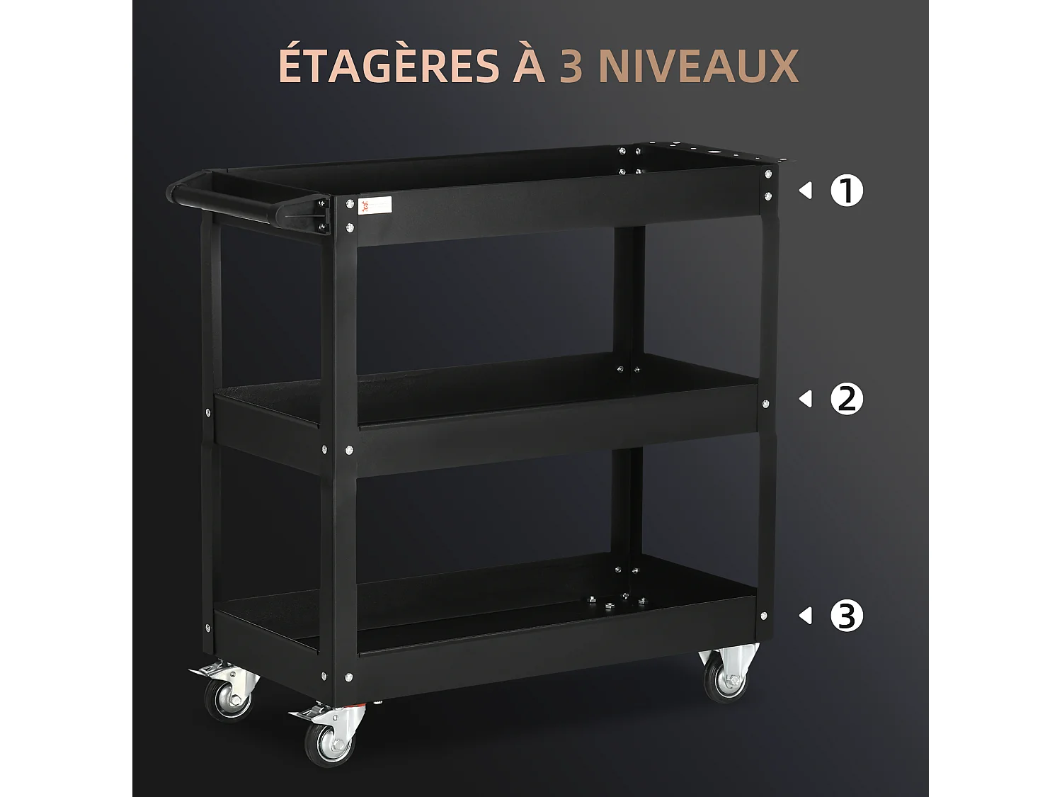 Chariot desserte d'atelier acier 3 plateaux sur roulettes avec poignée - charge max. 150 kg - 83 x 35,3 x 76 cm noir