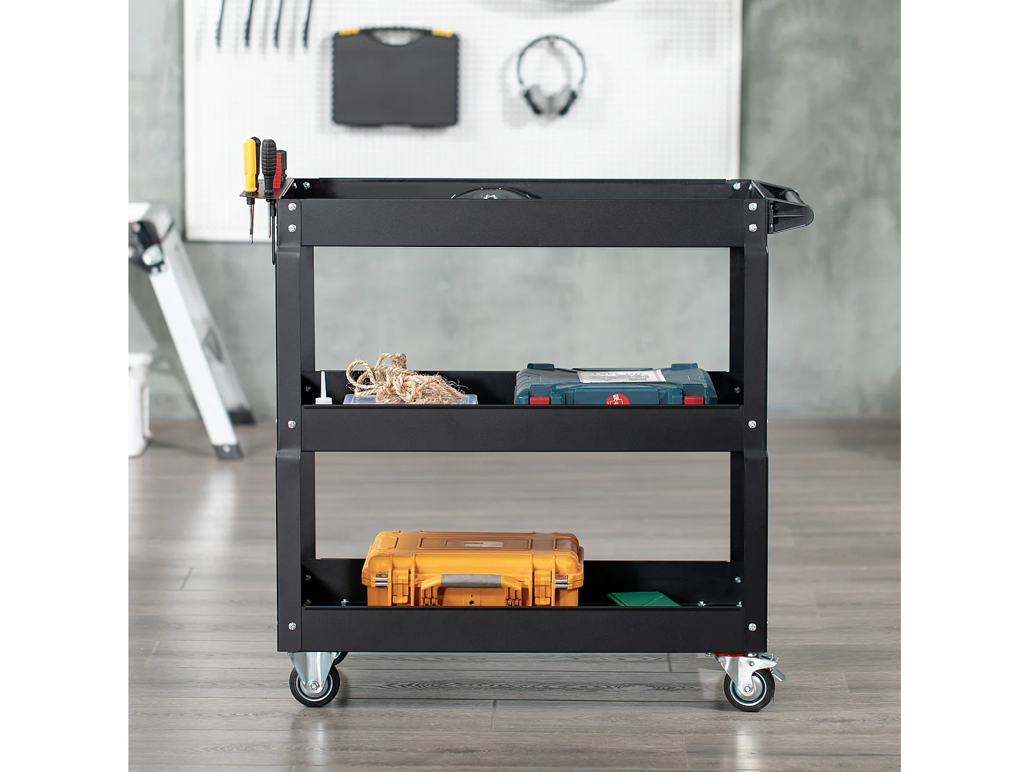 Chariot desserte d'atelier acier 3 plateaux sur roulettes avec poignée - charge max. 150 kg - 83 x 35,3 x 76 cm noir