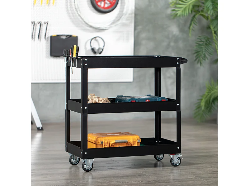 Chariot desserte d'atelier acier 3 plateaux sur roulettes avec poignée - charge max. 150 kg - 83 x 35,3 x 76 cm noir