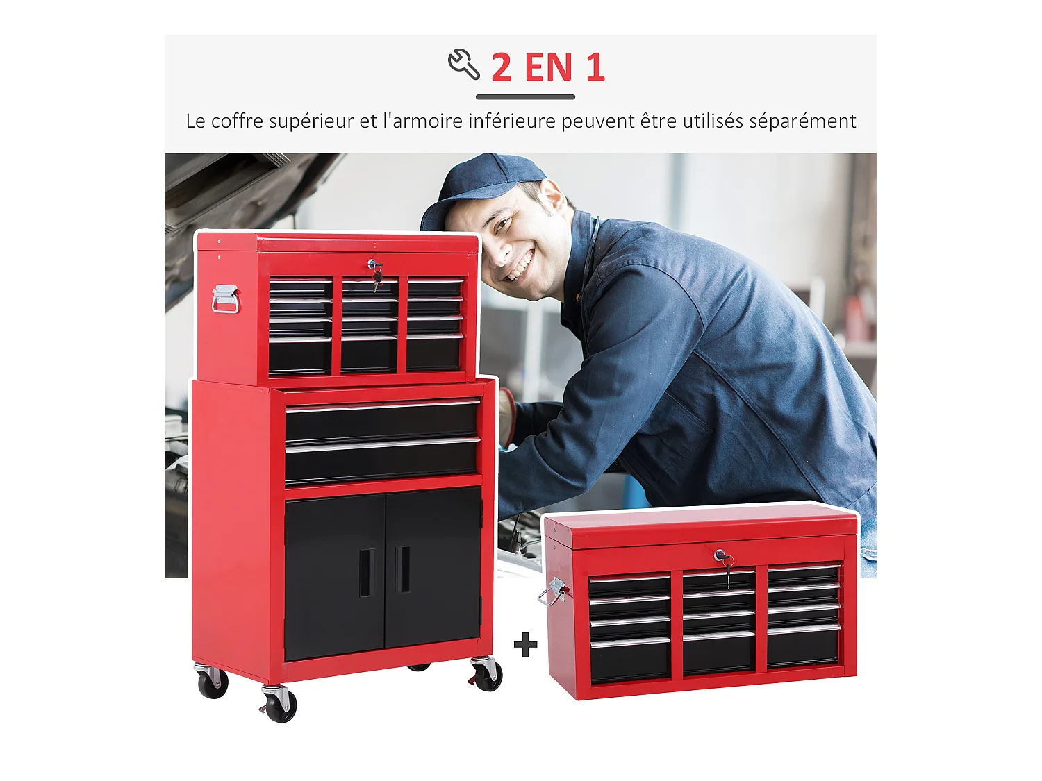 Servante d'atelier - caisse à outil 6 tiroirs + coffre amovible - chariot d'atelier tôle métal rouge noir