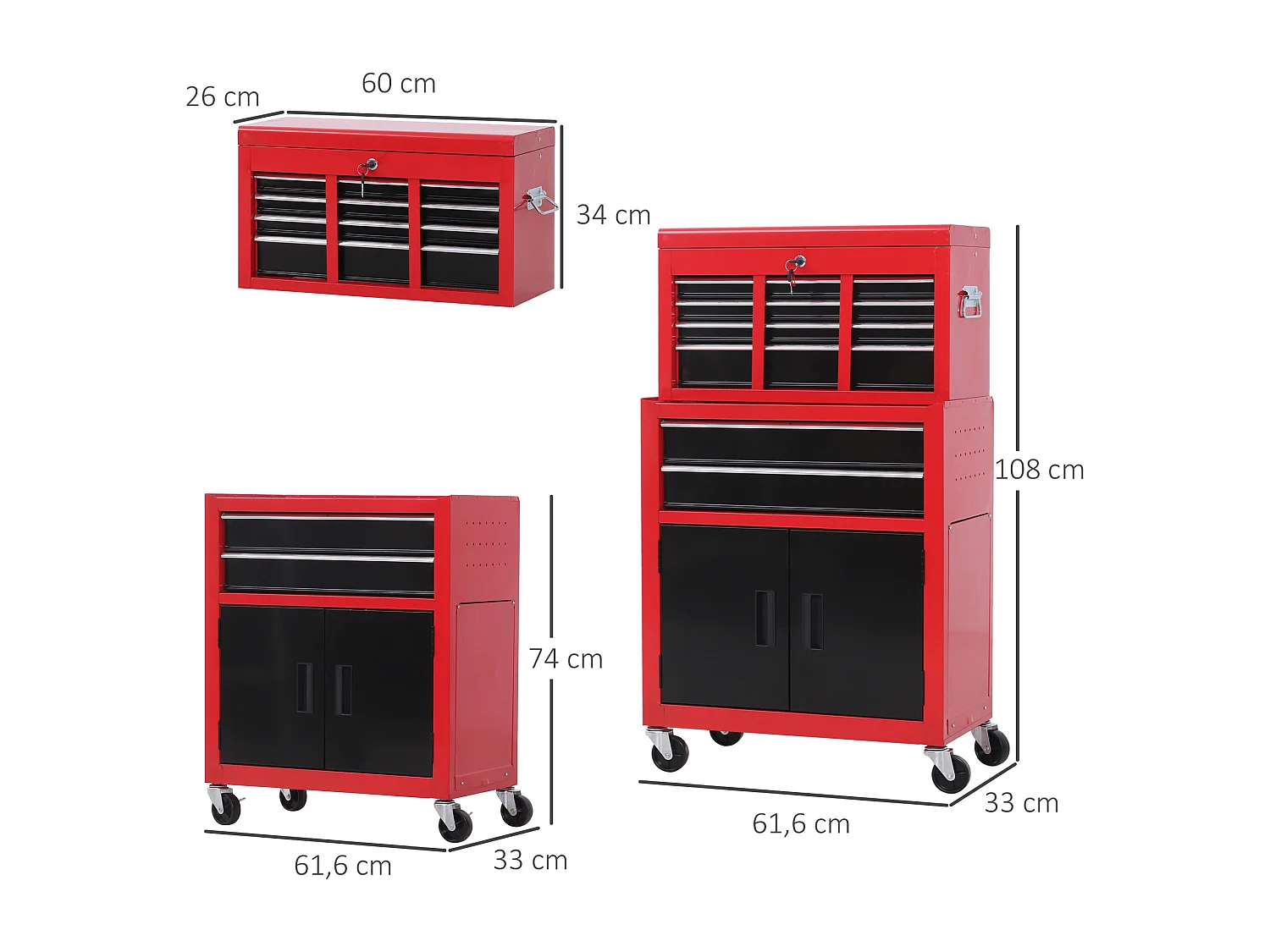 Servante d'atelier - caisse à outil 6 tiroirs + coffre amovible - chariot d'atelier tôle métal rouge noir