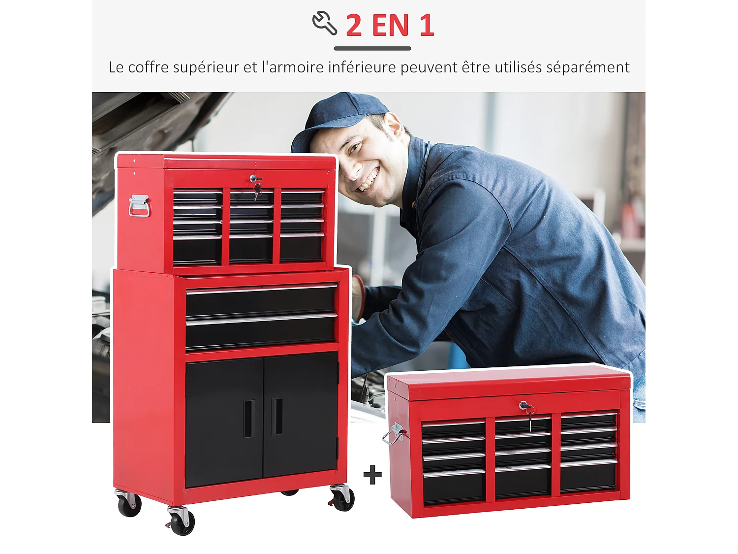 Servante d'atelier - caisse à outil 6 tiroirs + coffre amovible - chariot d'atelier tôle métal rouge noir