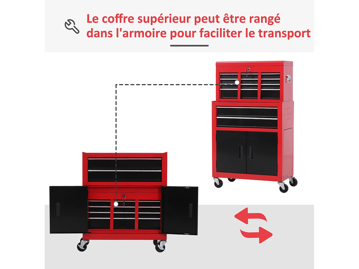 Servante d'atelier - caisse à outil 6 tiroirs + coffre amovible - chariot d'atelier tôle métal rouge noir