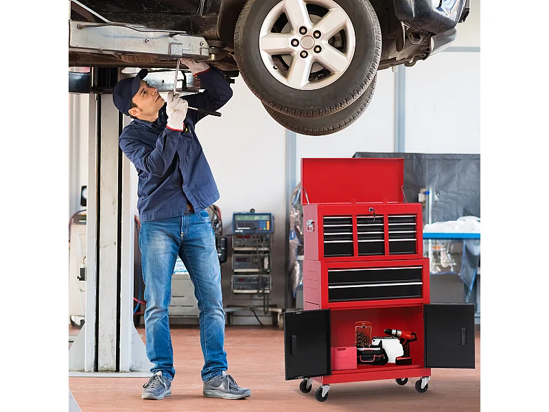 Servante d'atelier - caisse à outil 6 tiroirs + coffre amovible - chariot d'atelier tôle métal rouge noir