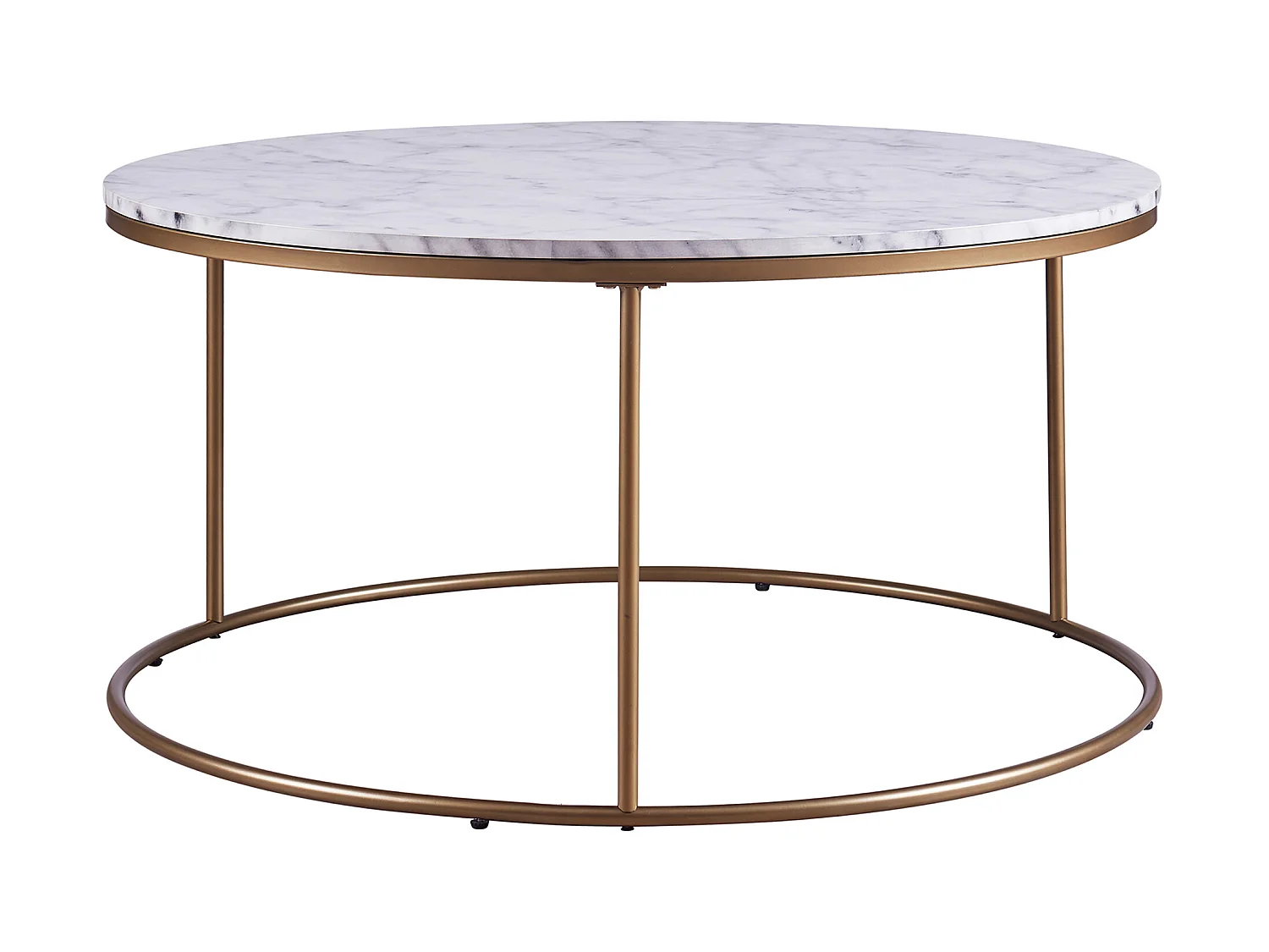 Table basse ronde en bois effet faux marbre pieds métal doré laiton