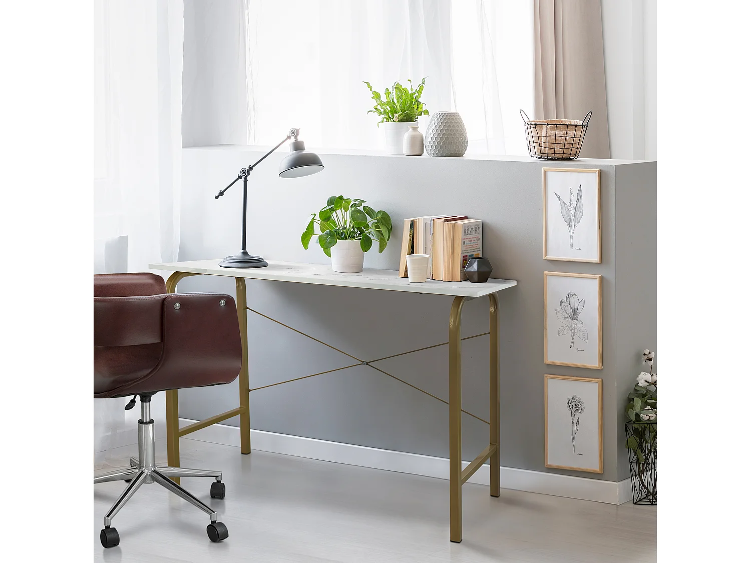 Teamson Home Thuiskantoor Bureau - Nep Marmeren/Messing Afwerking - Metaal Poten - 43.5 x 18.5 x 29 (Inch)