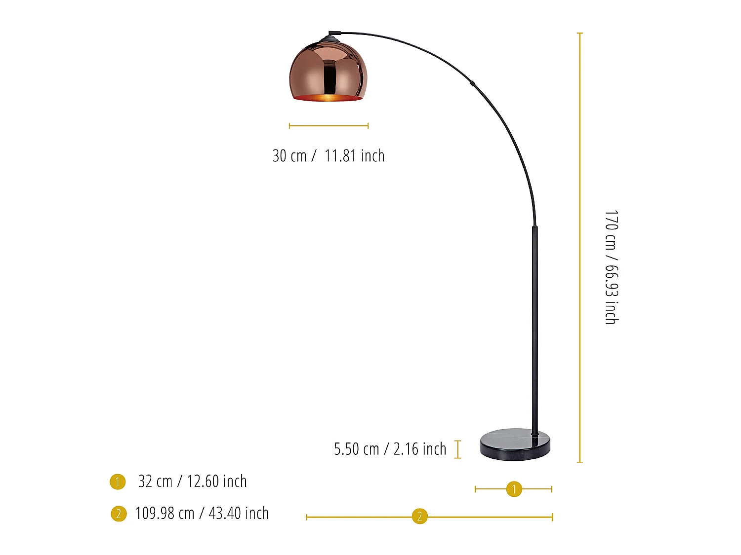Teamson Home Arquer Booglamp Vloerlamp - Roos Goud Afwerking Lampenkap - Zwart Marmer Baseren