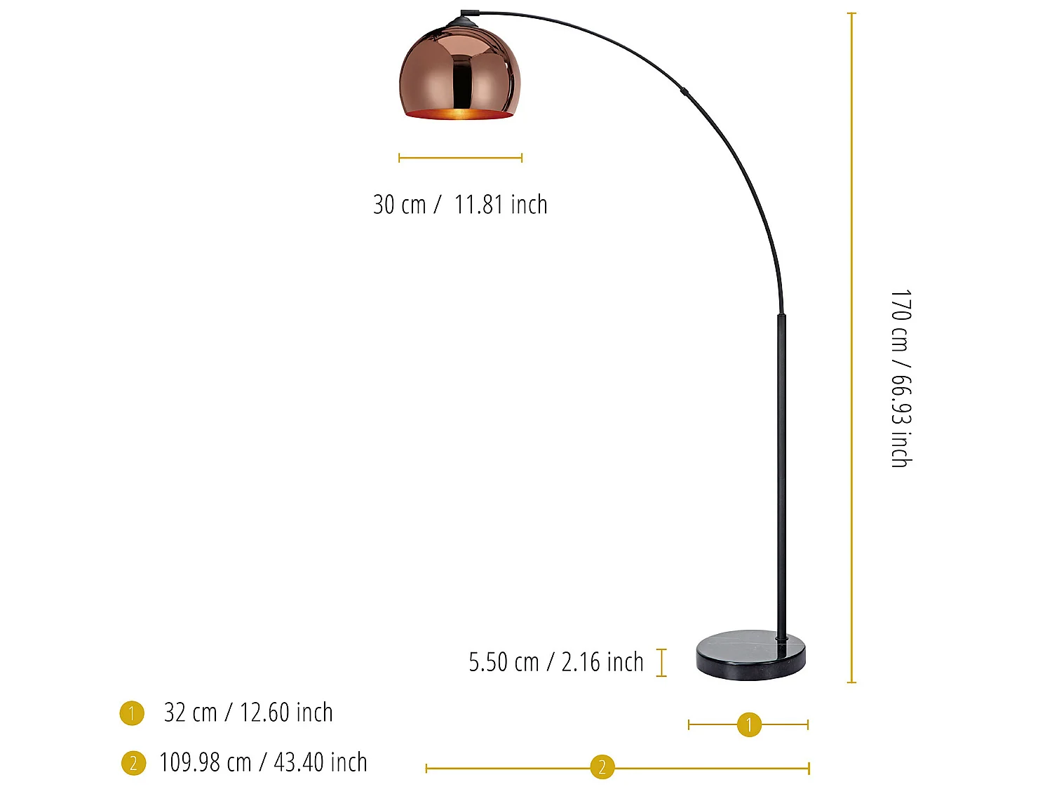 Teamson Home Arquer Booglamp Vloerlamp - Roos Goud Afwerking Lampenkap - Zwart Marmer Baseren