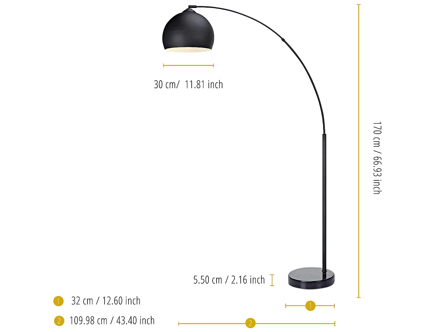 Lampadaire Arquer arc lampe de salon abat-jour pied marbre noir Teamson Home