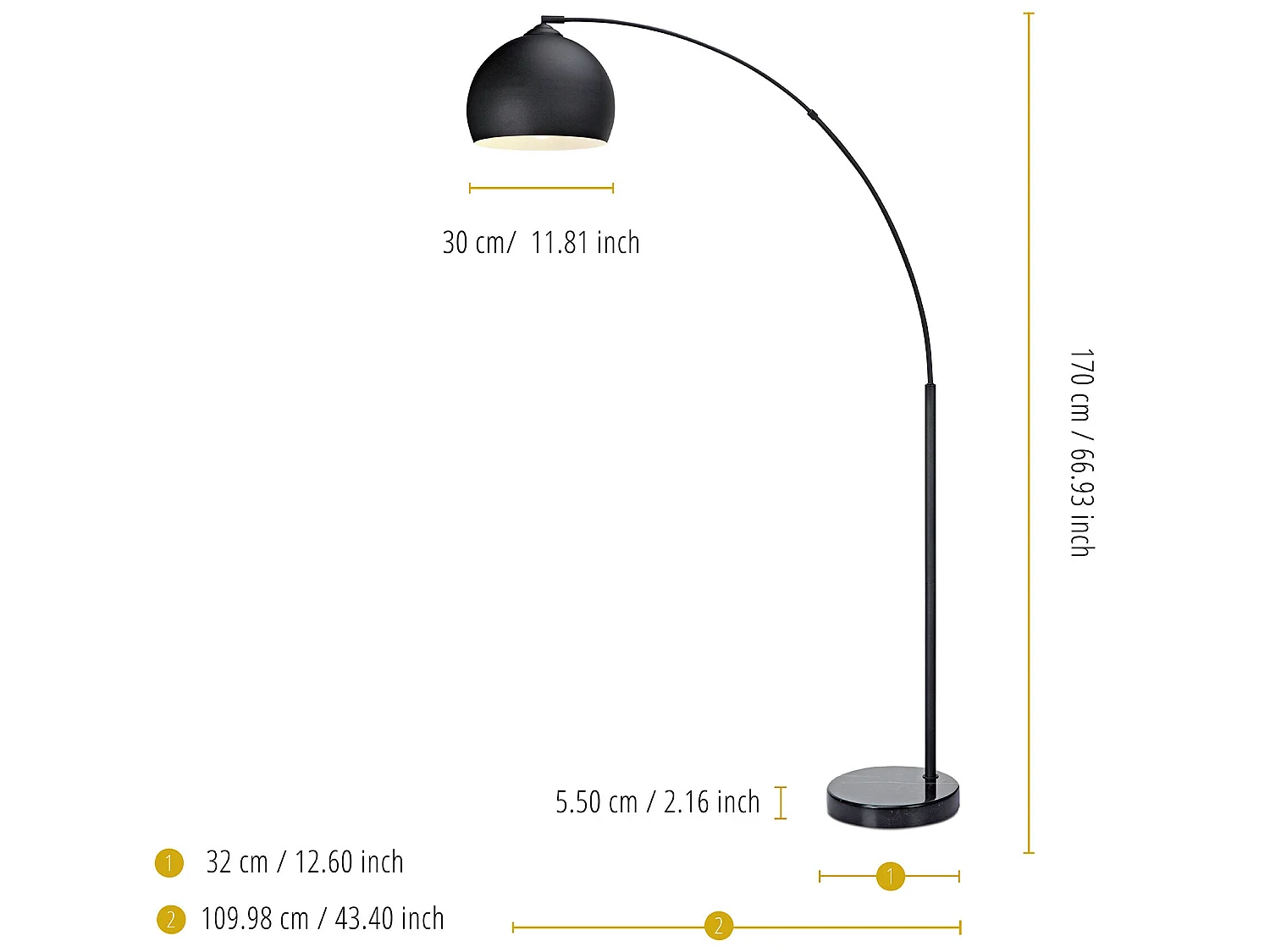 Lampadaire Arquer arc lampe de salon abat-jour pied marbre noir Teamson Home