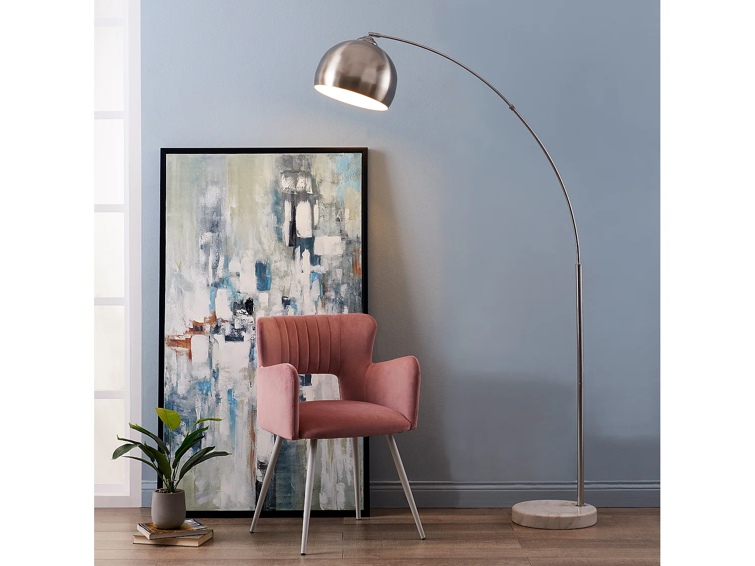 Teamson Home Arquer Booglamp Vloerlamp - Nikkel Afwerking Lampenkap - Wit Marmer Baseren