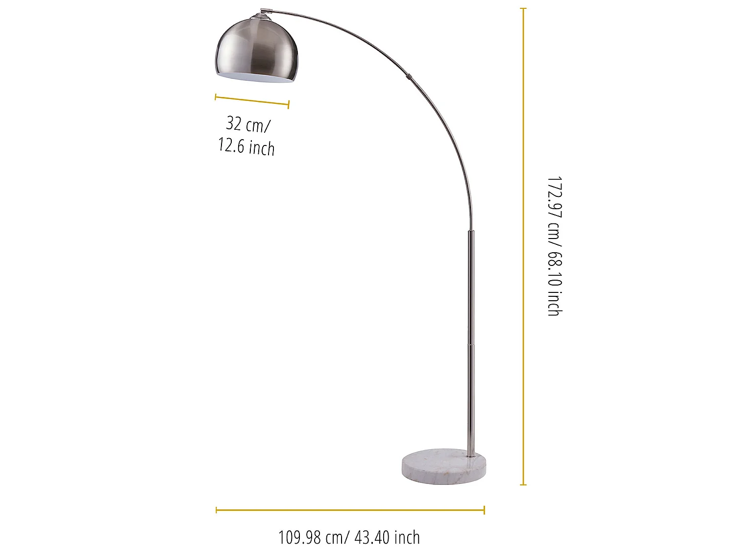 Lampadaire Arquer arc lampe de salon abat-jour nickel blanc argenté pied marbre