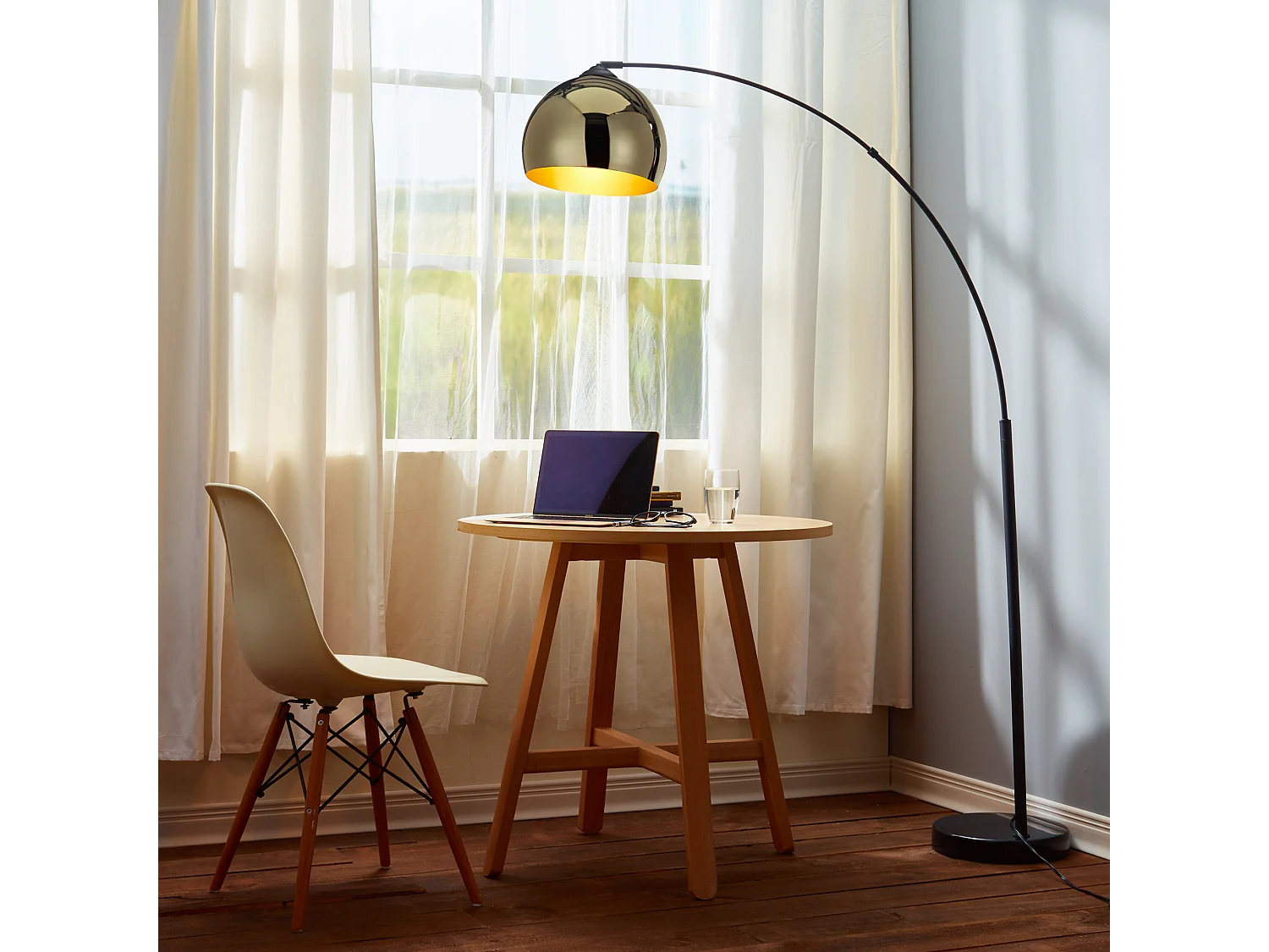 Lampadaire Arquer arc lampe de salon abat-jour doré pied marbre noir