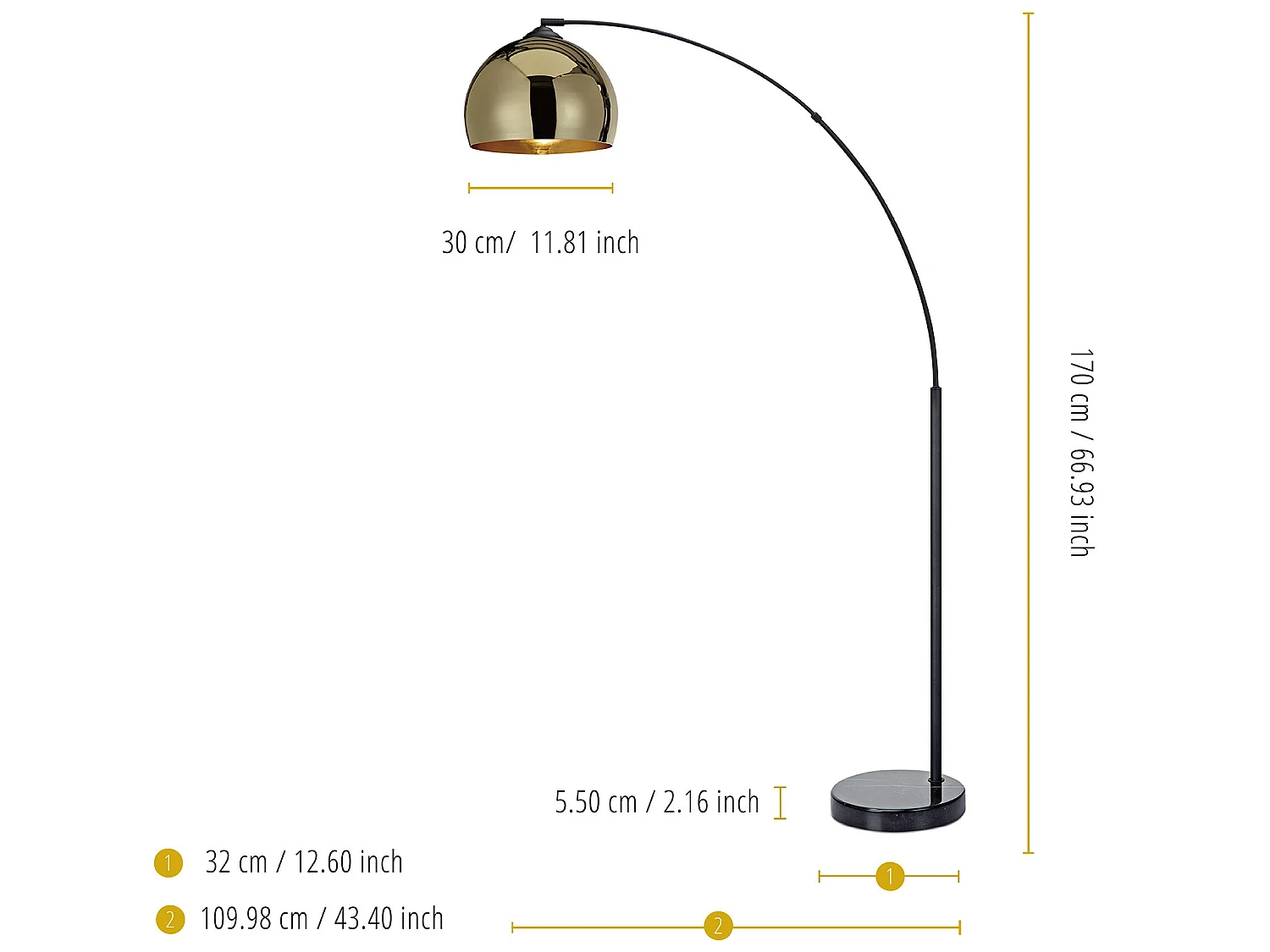 Lampadaire Arquer arc lampe de salon abat-jour doré pied marbre noir