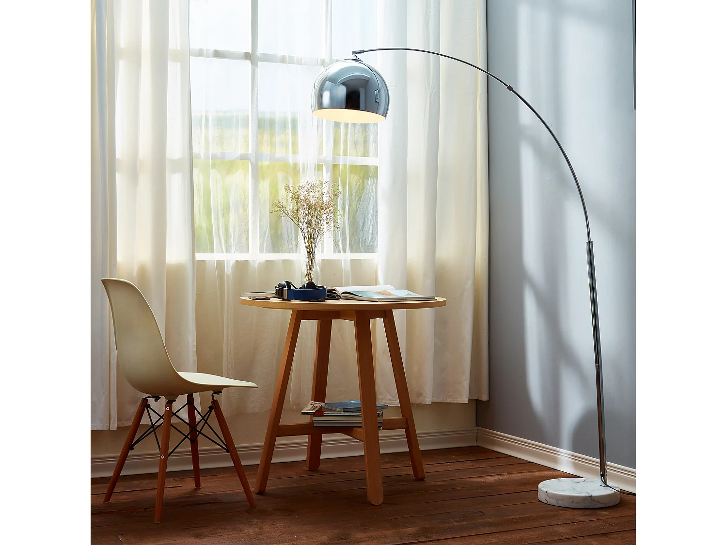 Lampadaire Arquer arc lampe de salon abat-jour chromé pied marbre blanc