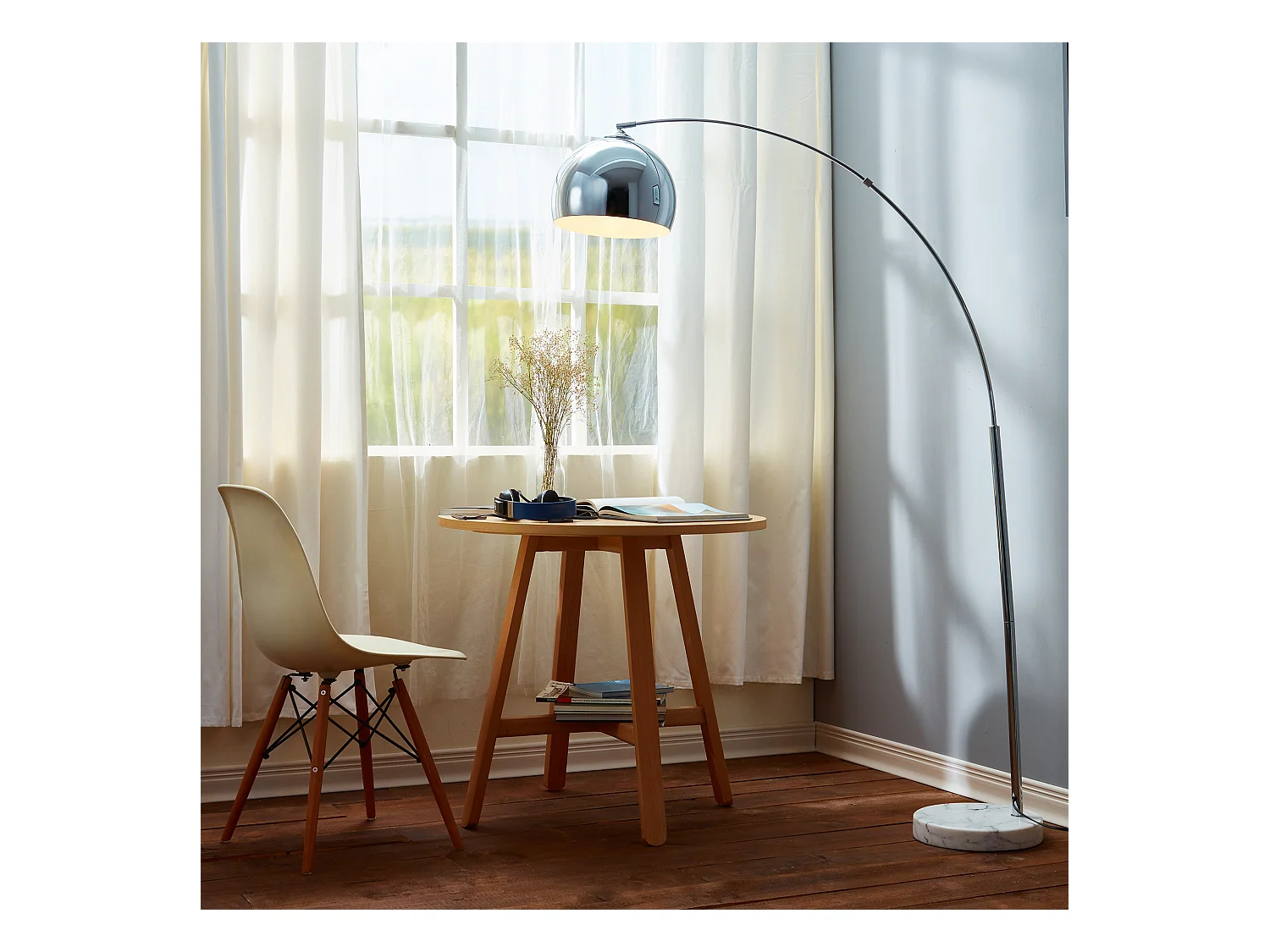 Lampadaire Arquer arc lampe de salon abat-jour chromé pied marbre blanc