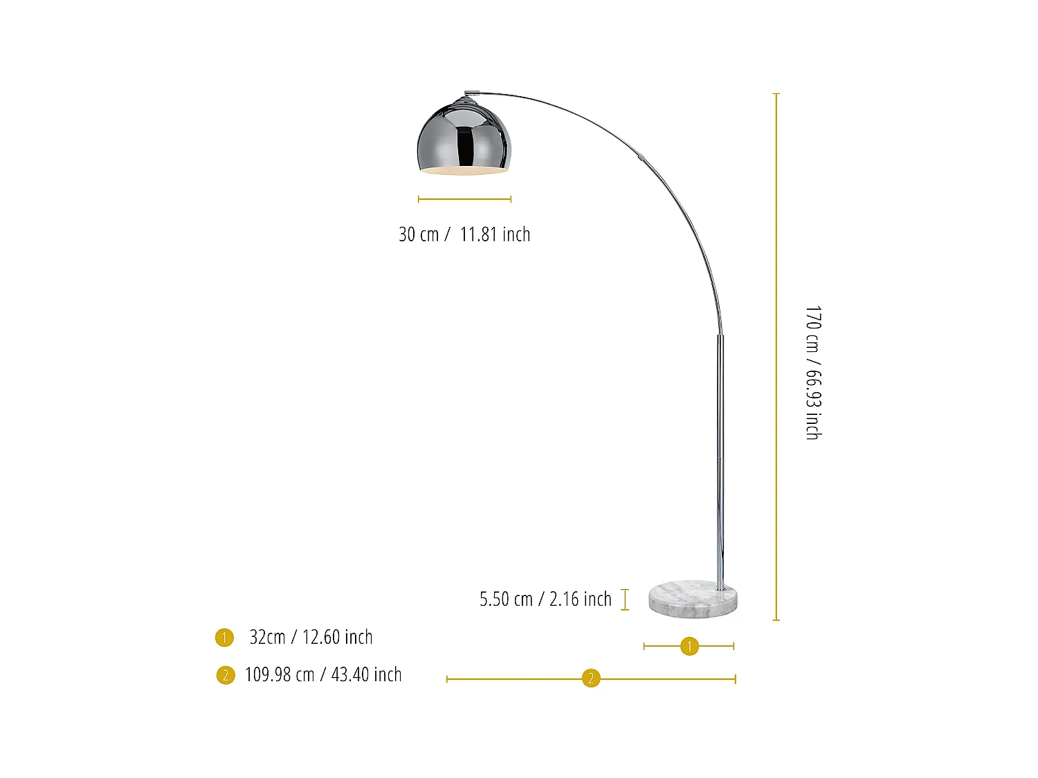 Lampadaire Arquer arc lampe de salon abat-jour chromé pied marbre blanc