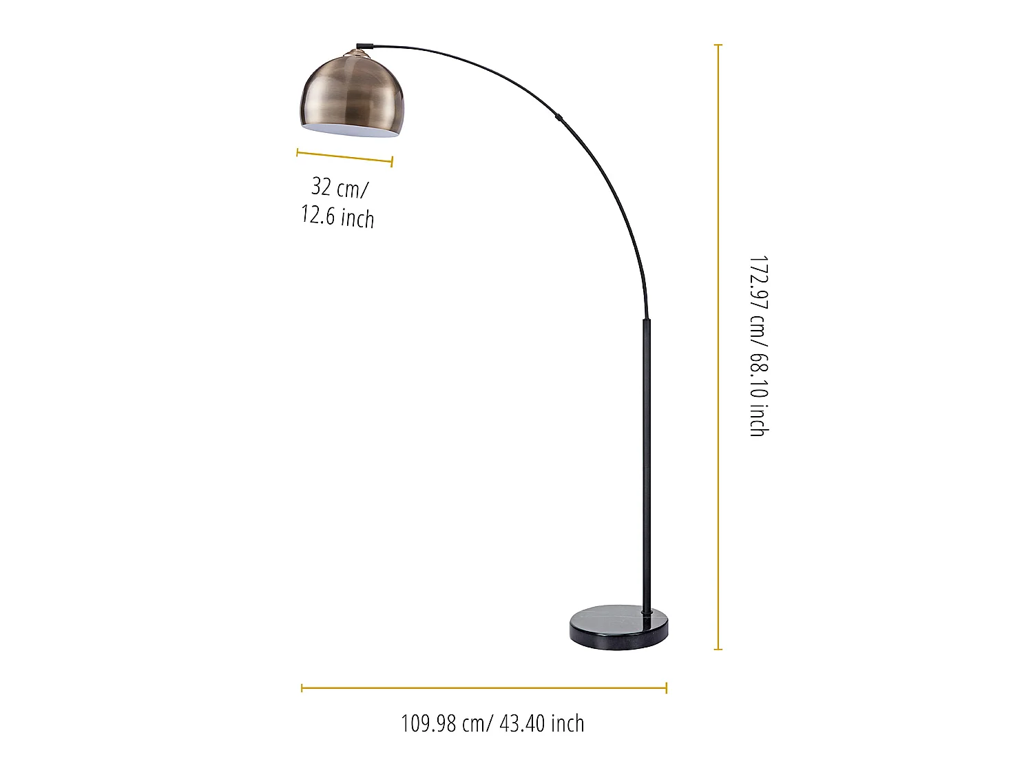 Teamson Home Arquer Booglamp Vloerlamp - Antiek Messing Afwerking Lampenkap - Zwart Marmer Baseren