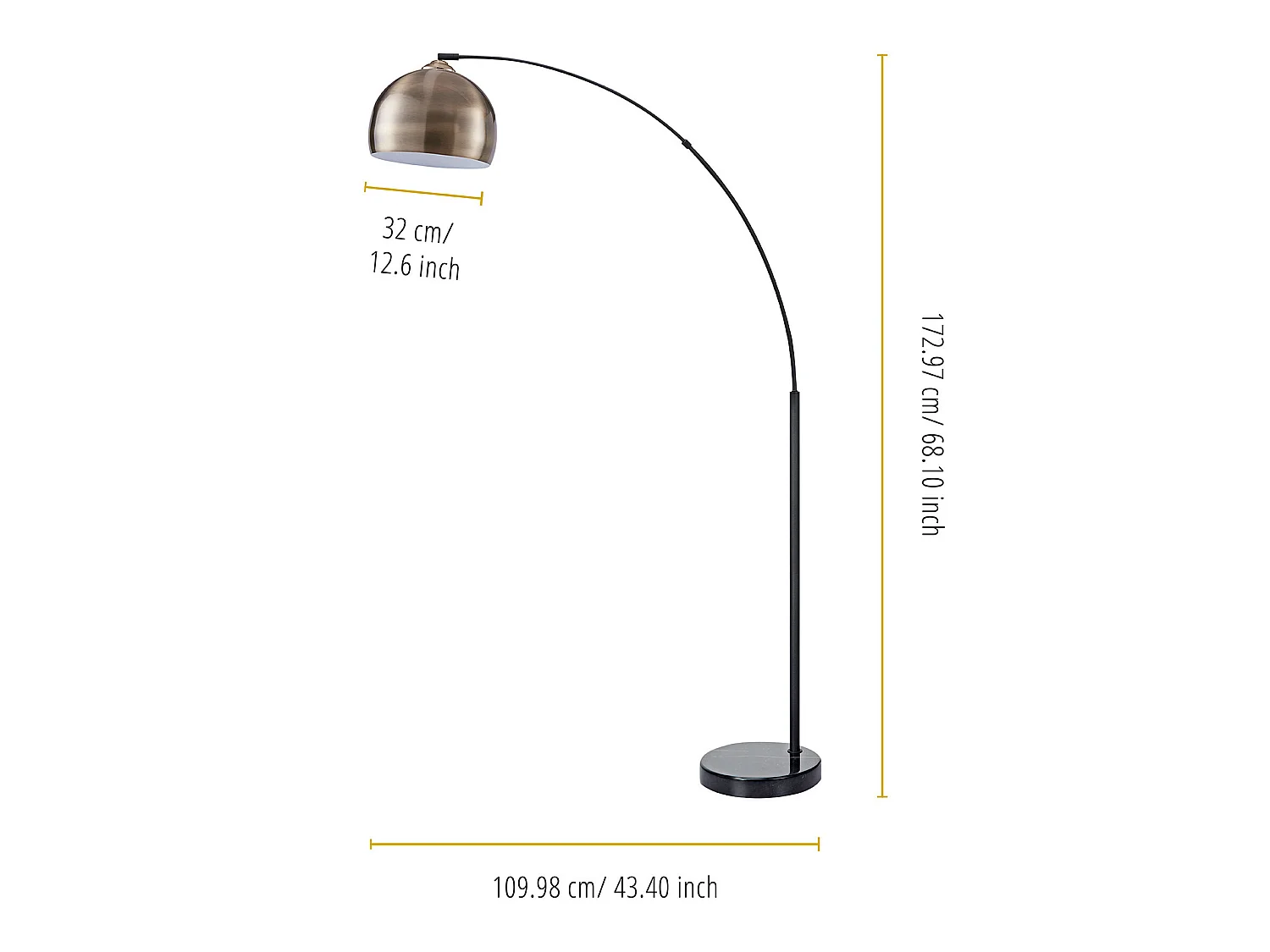 Teamson Home Arquer Booglamp Vloerlamp - Antiek Messing Afwerking Lampenkap - Zwart Marmer Baseren
