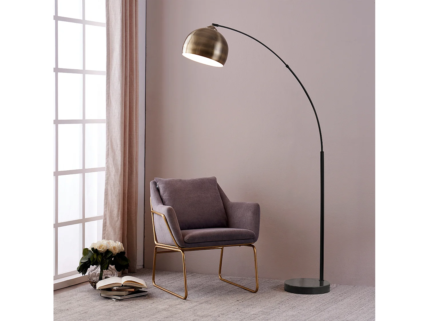 Lampadaire Arquer arc lampe de salon abat-jour bronzée pied marbre noir