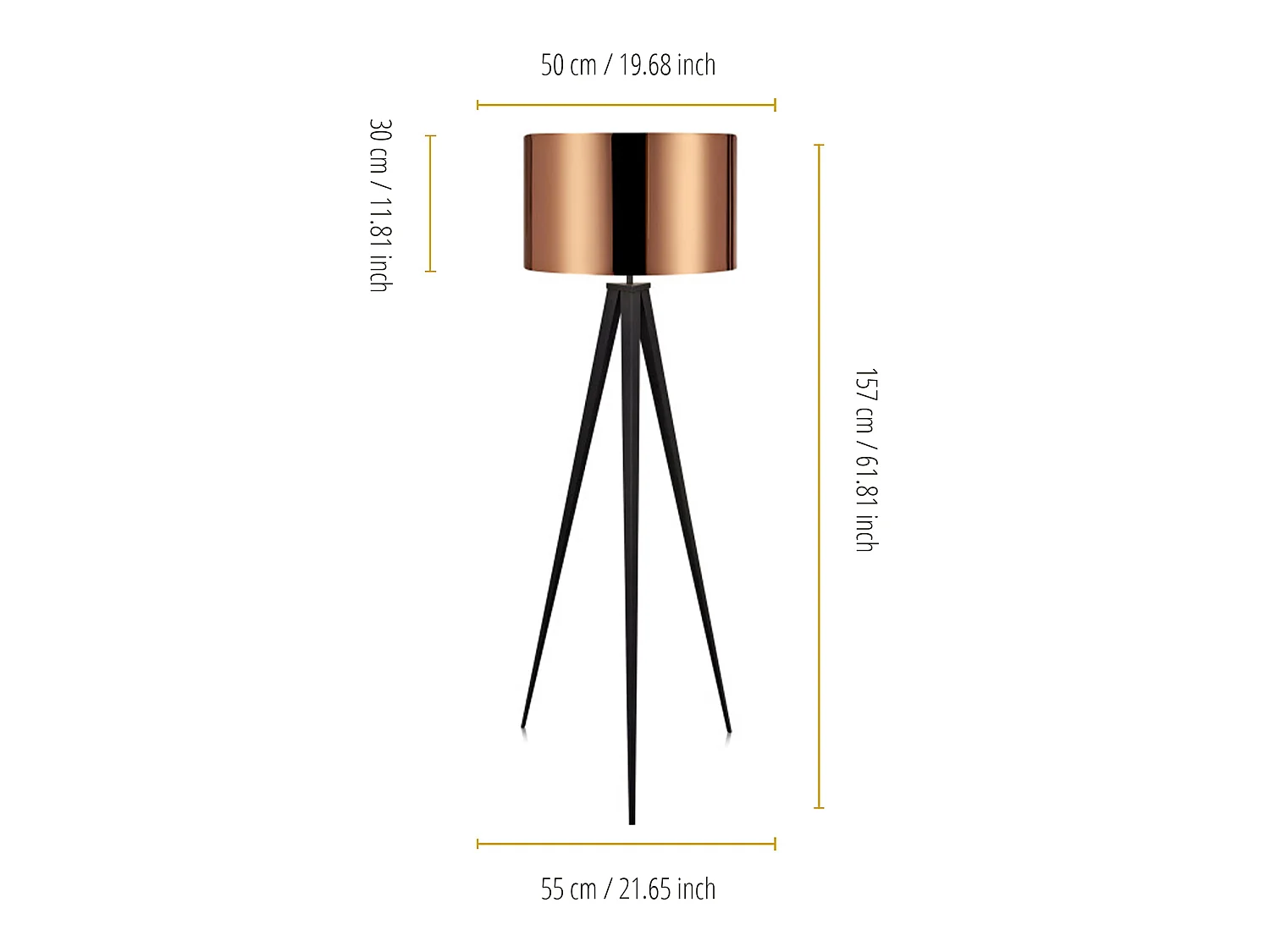 Lampadaire trépied lampe de salon sur pied noir abat-jour cuivré Romanza