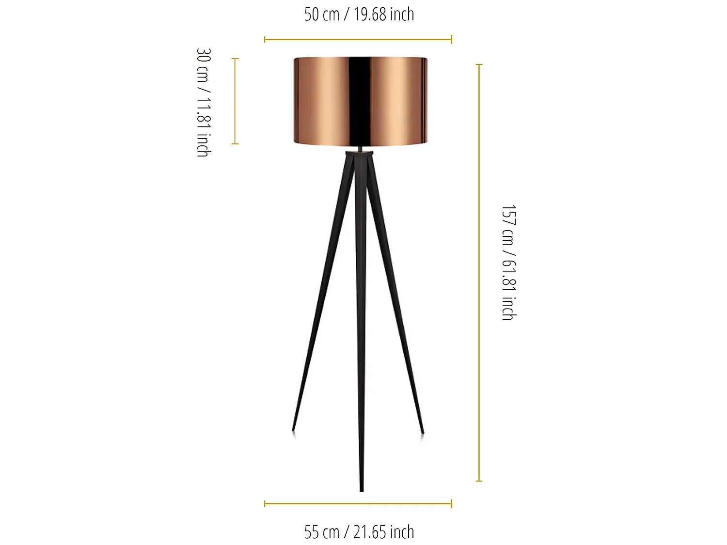 Lampadaire trépied lampe de salon sur pied noir abat-jour cuivré Romanza