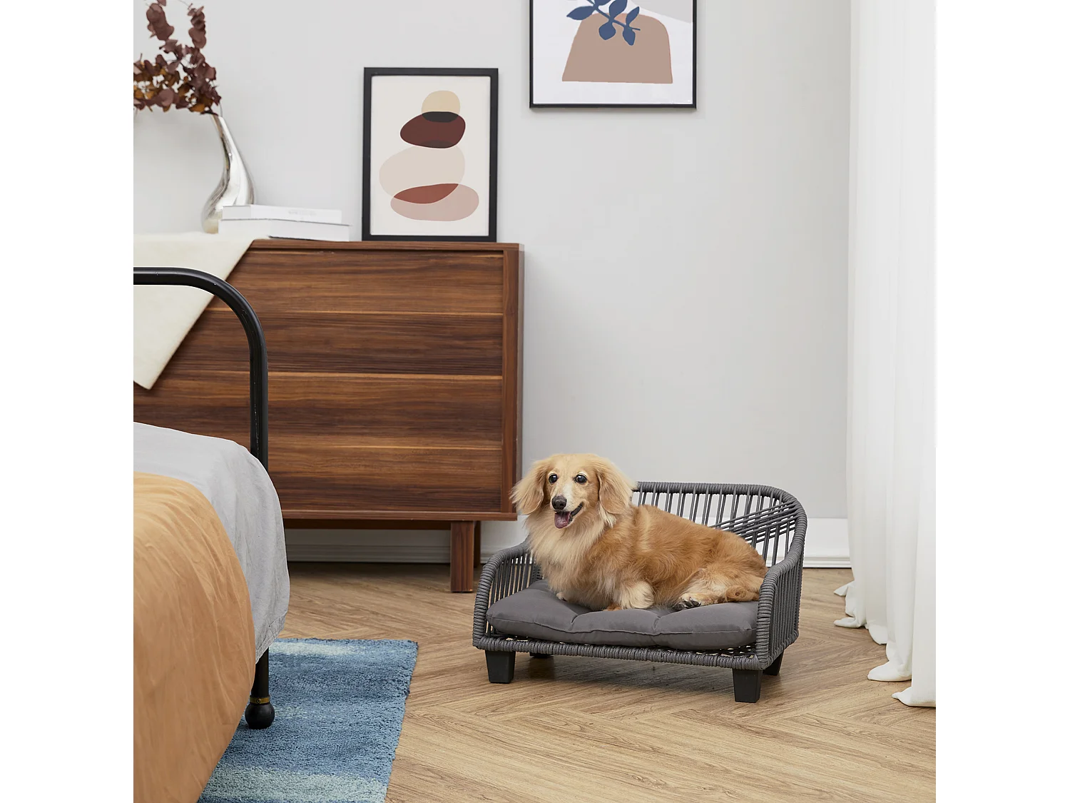 Teamson Pets Bed/Mand Voor Katten of Kleine Honden - Geweven Ontwerp - Verwijderbaar Wasbaar Kussen - Grij
