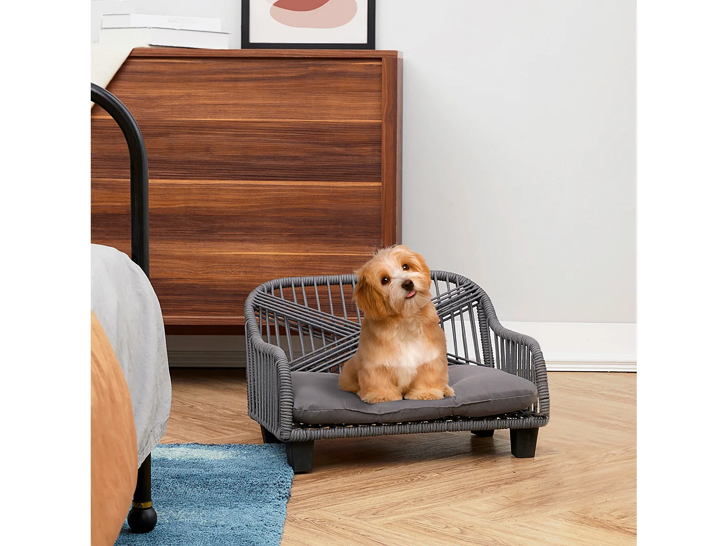 Teamson Pets Bed/Mand Voor Katten of Kleine Honden - Geweven Ontwerp - Verwijderbaar Wasbaar Kussen - Grij