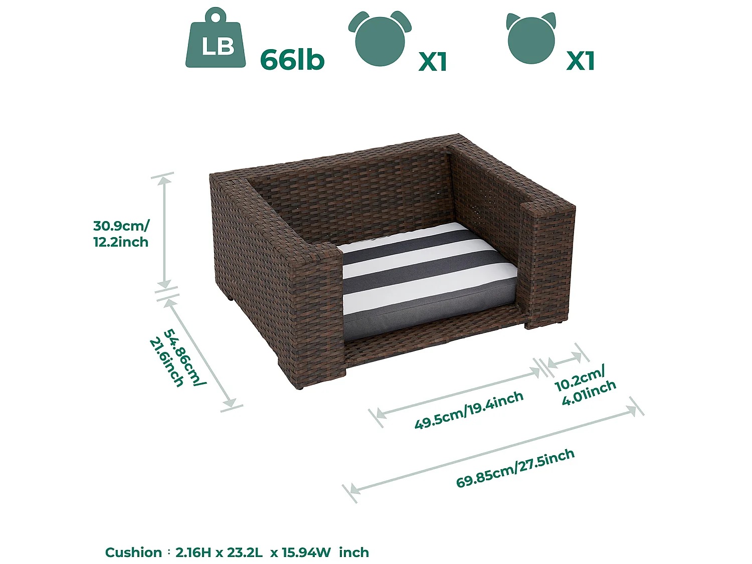 Teamson Pets Bed/Mand Voor Katten of Kleine Honden - Geweven Ontwerp - Verwijderbaar Wasbaar Kussen - Bruin