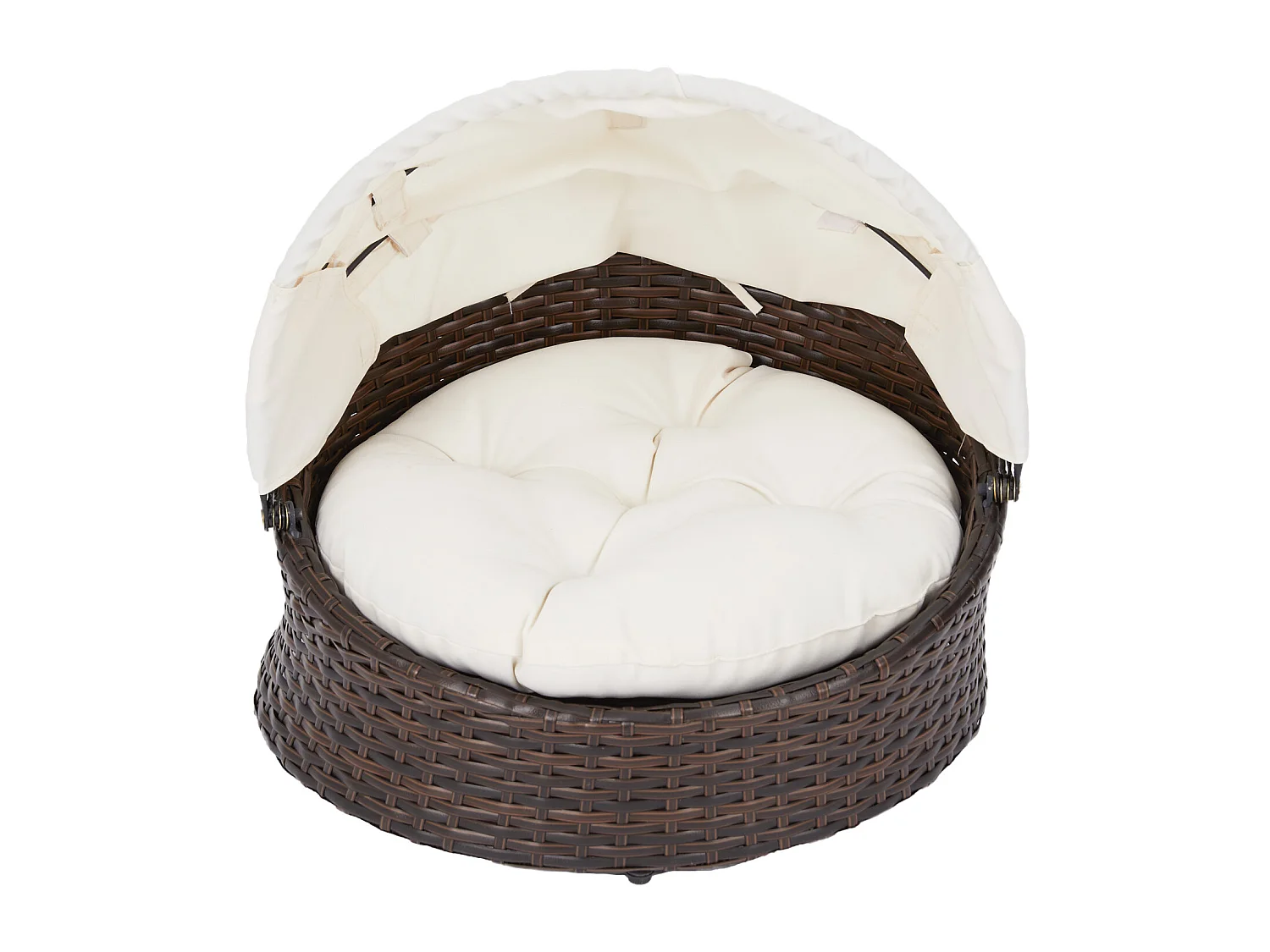Teamson Pets Ronde Bed Met Baldakijn Voor Katten of Kleine Honden - Geweven Ontwerp - Verwijderbaar Wasbaar Kussen - Bruin/Wit