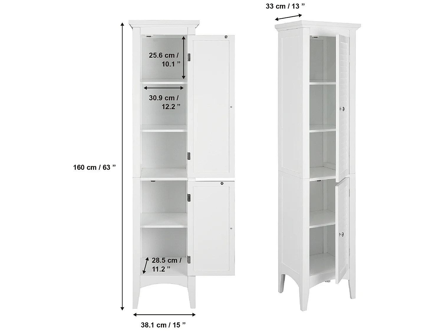 Teamson Home Badkamerkast - Kolomkast - Glancy Houten Staand Kastje Met 2 Deuren en Planken - Wit