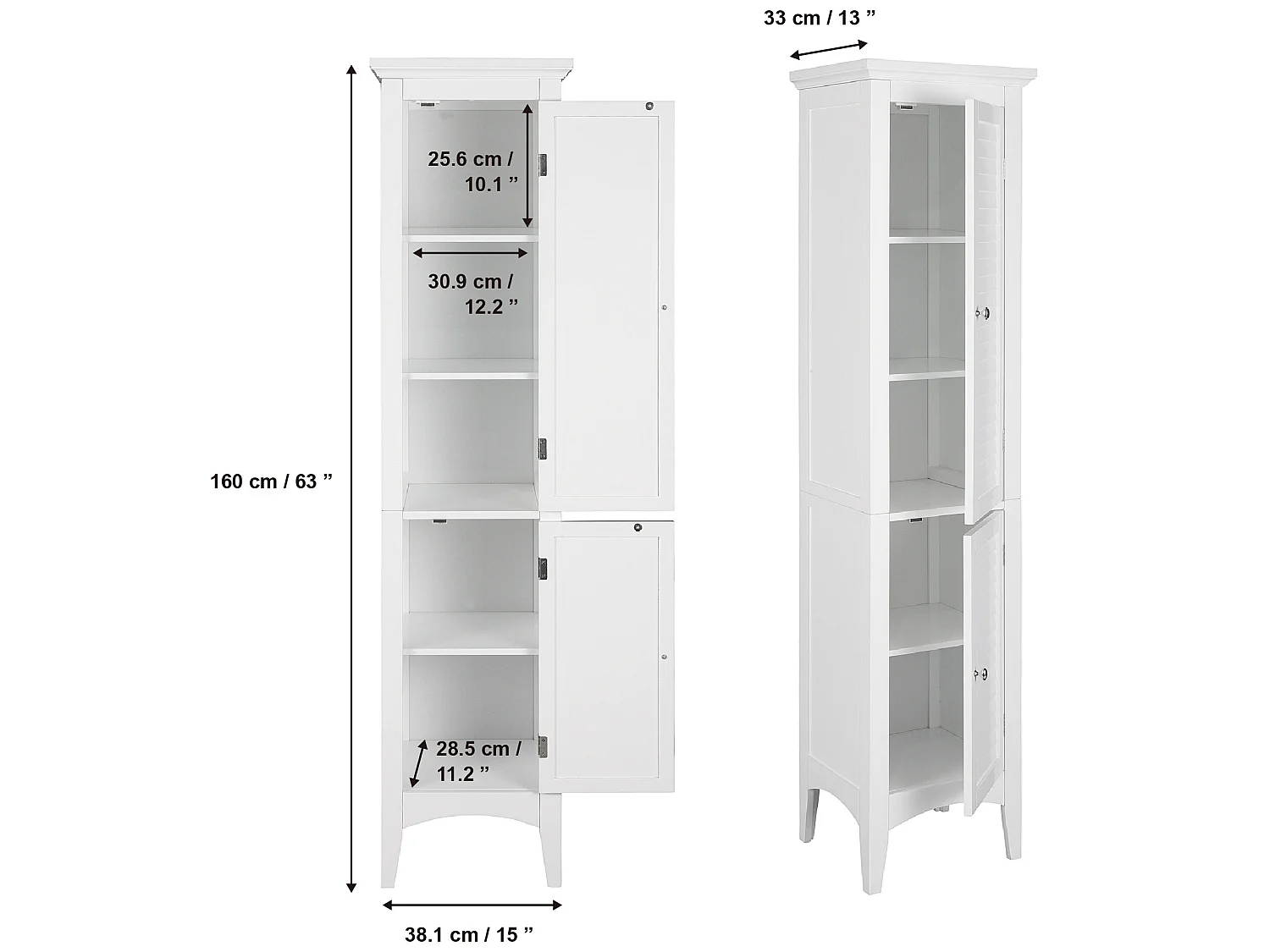 Teamson Home Badkamerkast - Kolomkast - Glancy Houten Staand Kastje Met 2 Deuren en Planken - Wit