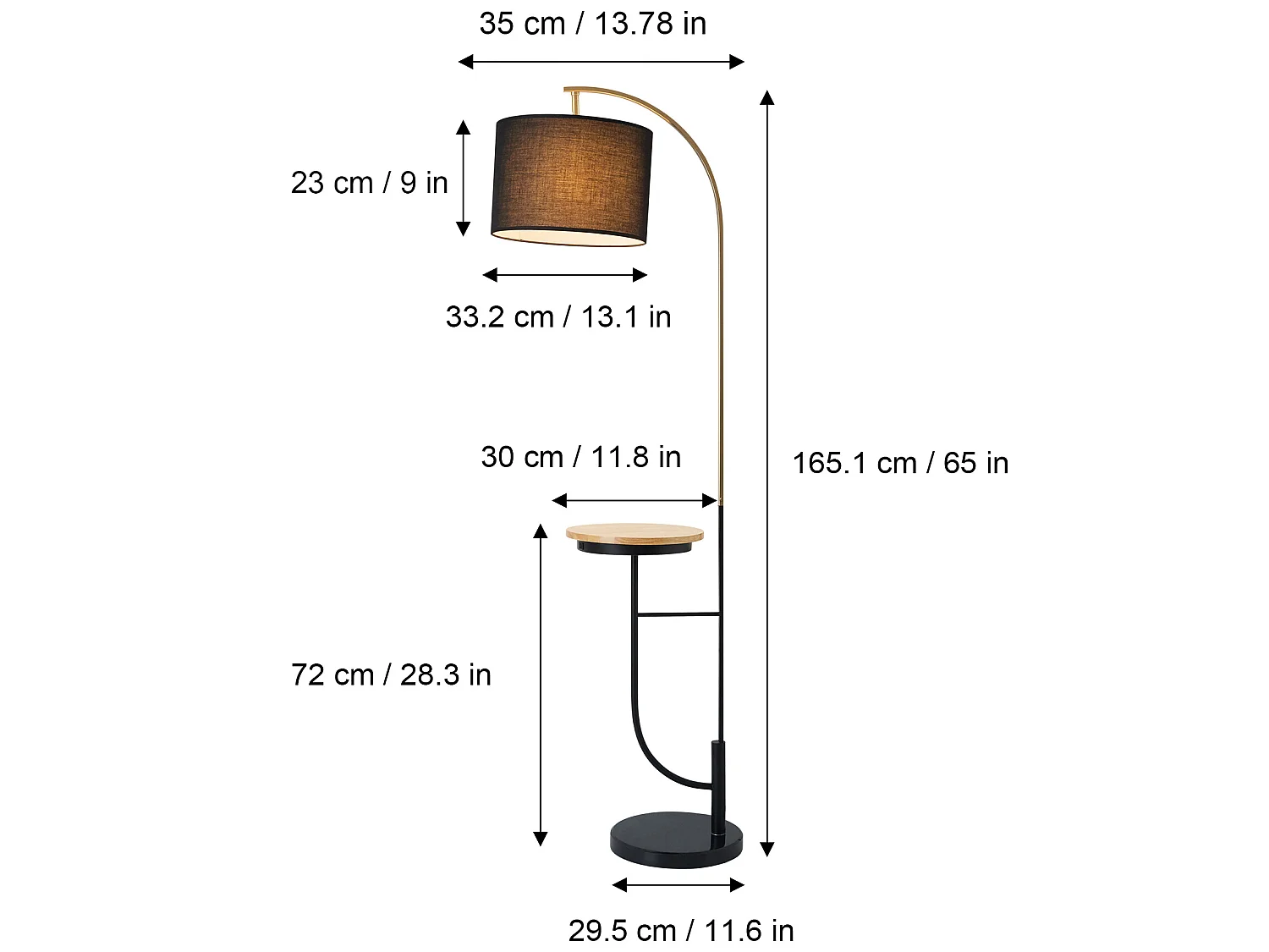 lampadaire Danna Arc avec port USB, table en bois, base en marbre