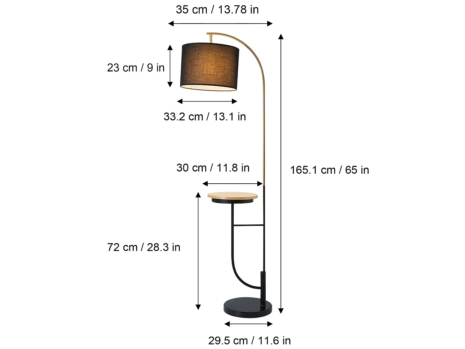 lampadaire Danna Arc avec port USB, table en bois, base en marbre
